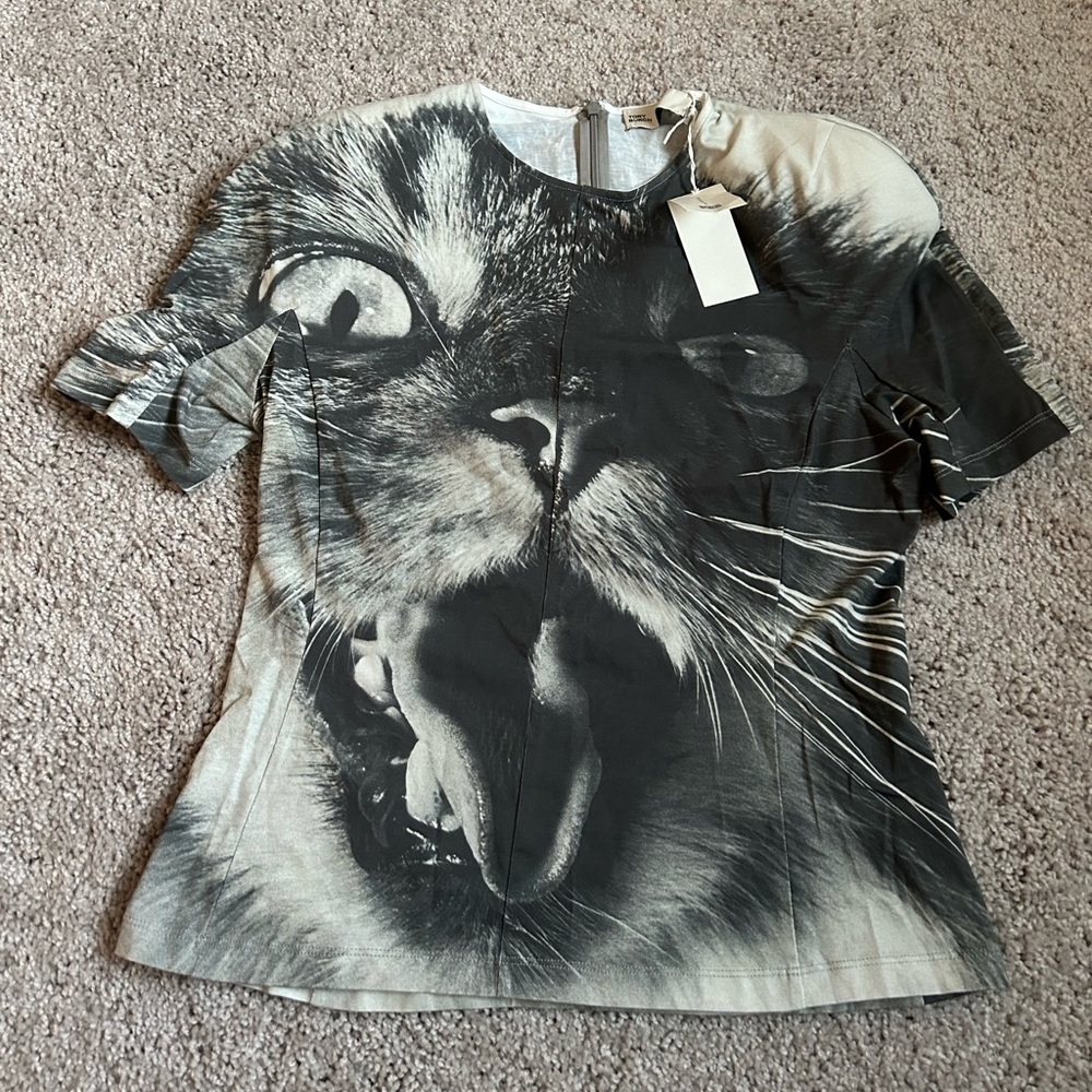 Tory Burch Cat Printed T Shirt Blouse Top Gray Cat Portrait Size 8